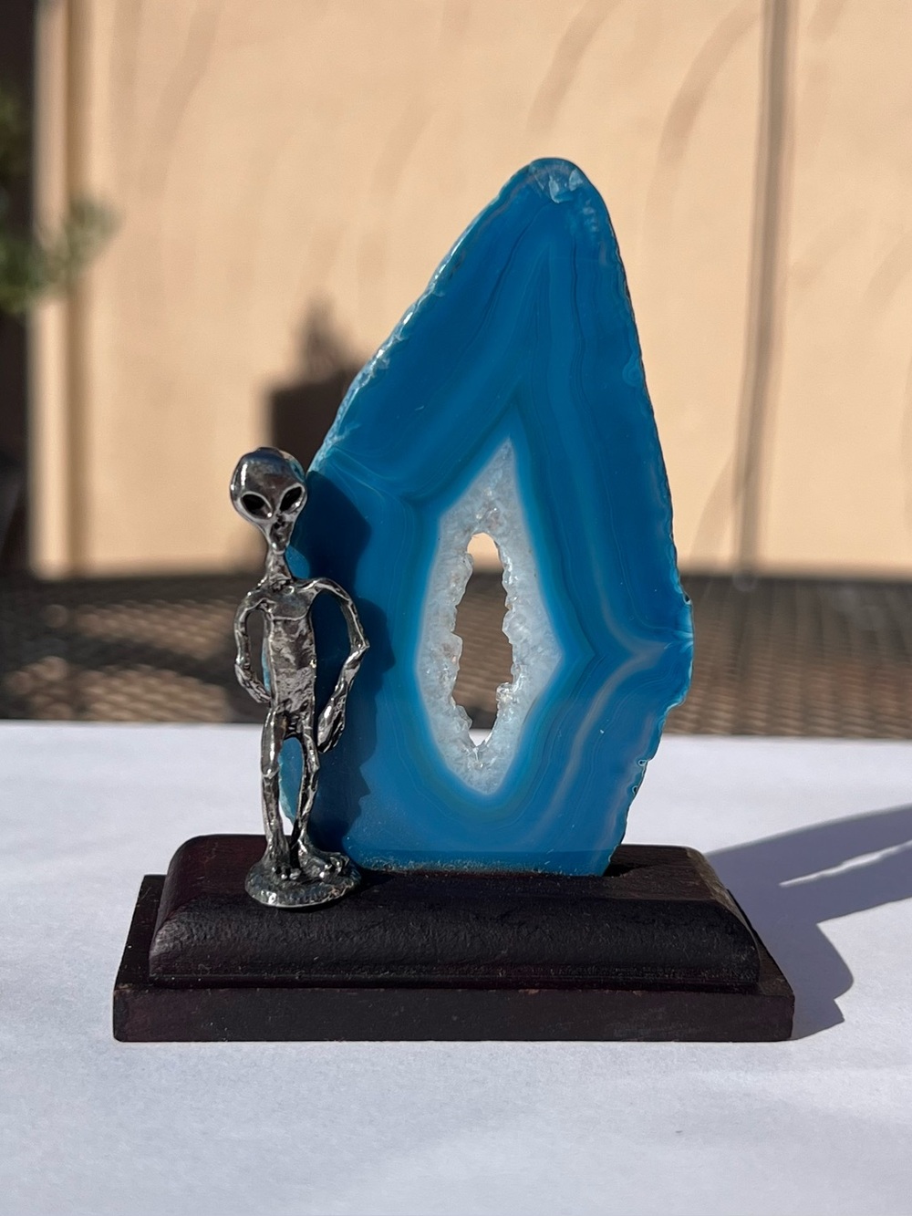 Blue Agate Geode Display with Silver Pewter Alien Accent - Home Art